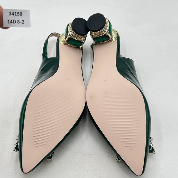 FSJ Green Crystal Square Buckle Pointed Toe Slingback Pumps Rhinestone Sandals - Picture 7 of 8